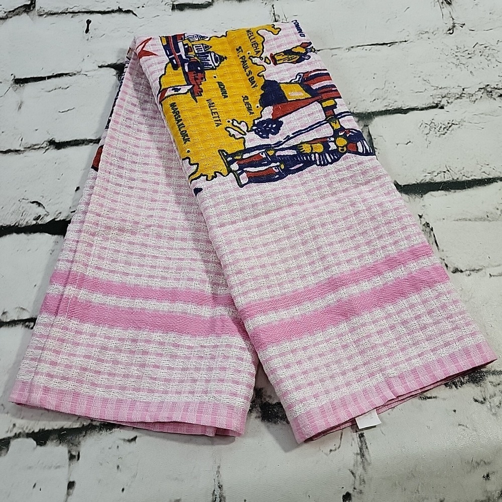 Vintage Tea Towel MALTA The Maltese Islands Travel Souvenir Pink 100%‎ Cotton